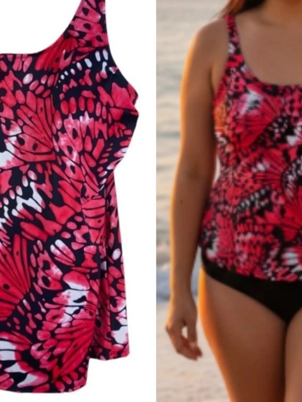 Pink & Black Butterfly Print Tankini Top